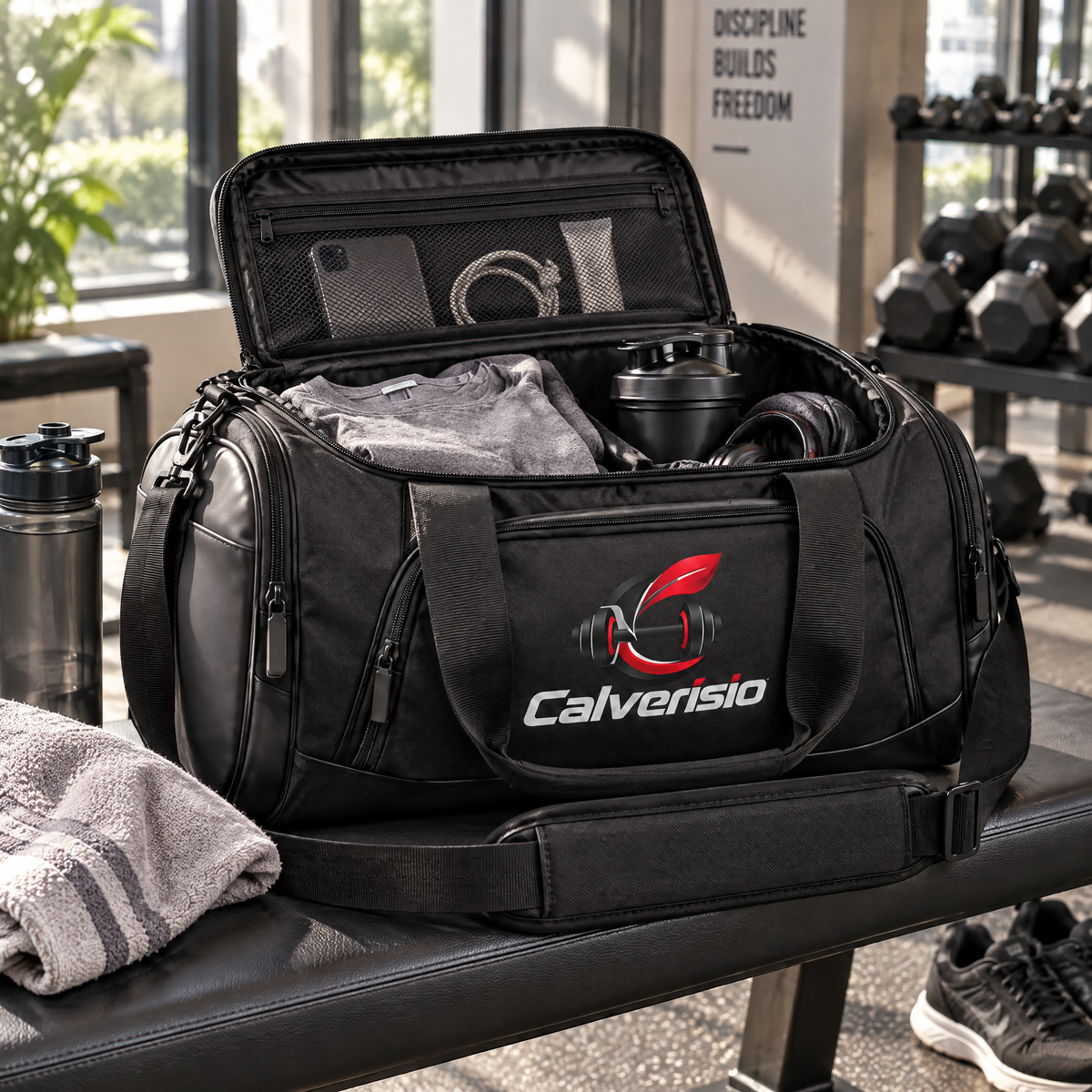 Calverisio™ Gym Duffel Bag | Spacious Training Bag with Separate Shoe Compartment, Padded Shoulder Strap & Multi-Pocket Storage