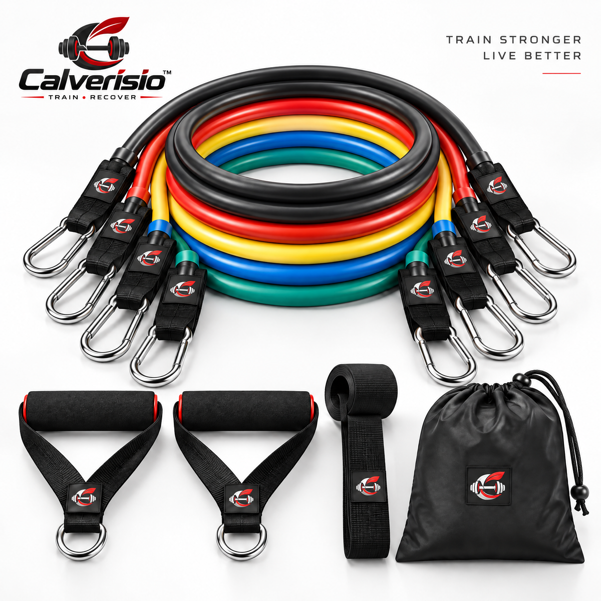 Calverisio™ Resistance Bands Set | Color-Coded Latex Exercise Tubes with Handles, Metal Carabiners, Multi-Use Strap & Carry Bag