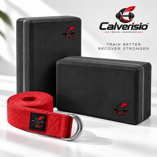 Calverisio™ Yoga Blocks & Stretch Strap Set | 2 High-Density Support Blocks with 8 ft D-Ring Yoga Strap for Stretching, Mobility & Recovery