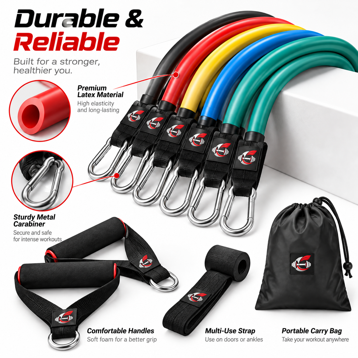 Calverisio™ Resistance Bands Set | Color-Coded Latex Exercise Tubes with Handles, Metal Carabiners, Multi-Use Strap & Carry Bag