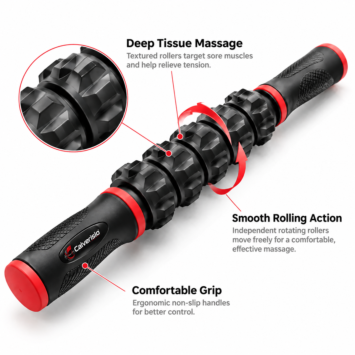 Calverisio™ Muscle Massage Roller Stick | 5-Wheel Textured Recovery Roller with Ergonomic Handles for Legs, Arms & Full-Body Mobility