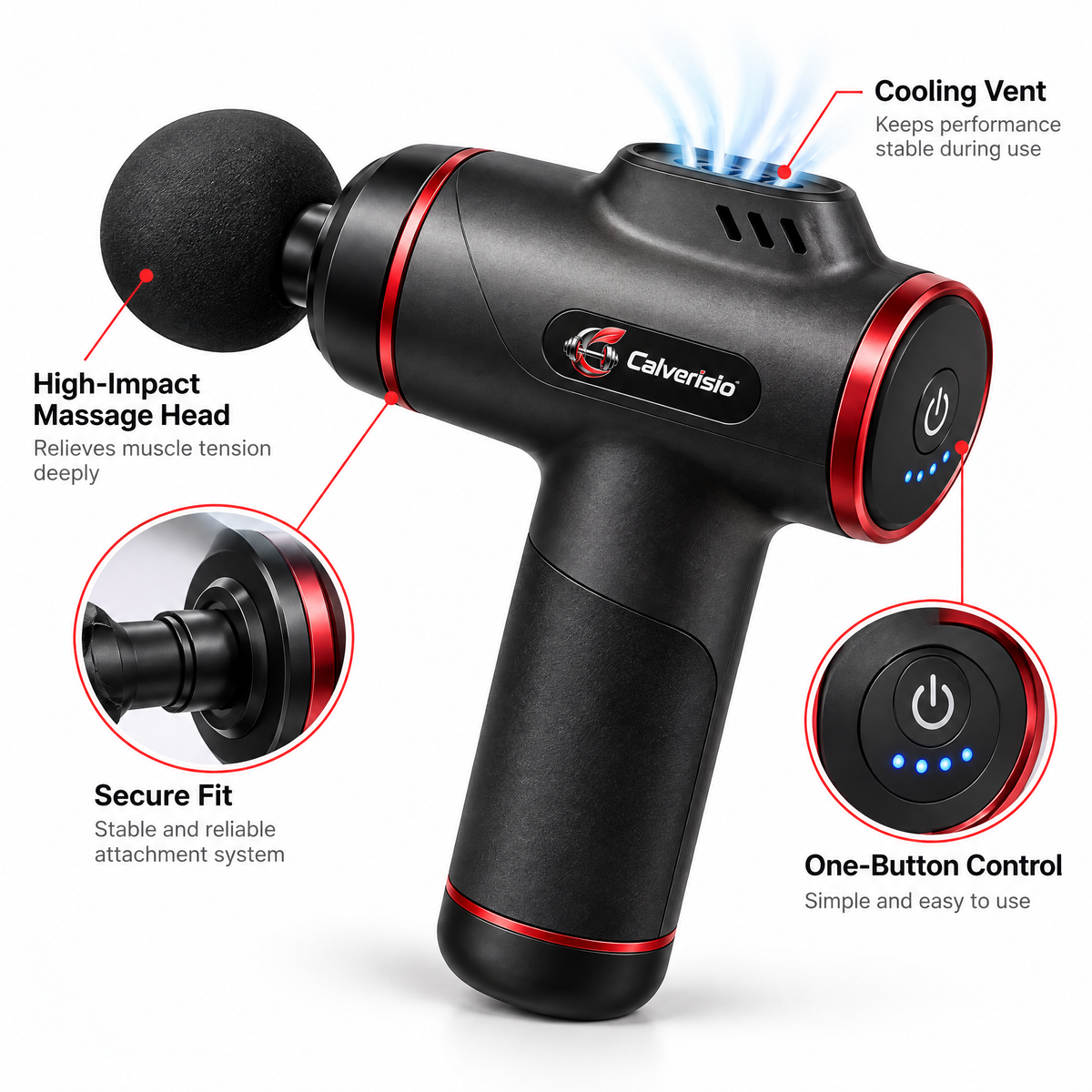 Calverisio™ Percussion Massage Gun | Handheld Muscle Recovery Massager with High-Impact Massage Head, Cooling Vent & One-Button Control