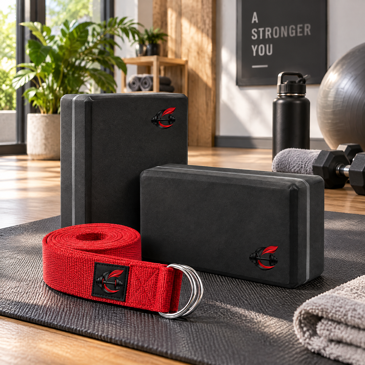 Calverisio™ Yoga Blocks & Stretch Strap Set | 2 High-Density Support Blocks with 8 ft D-Ring Yoga Strap for Stretching, Mobility & Recovery