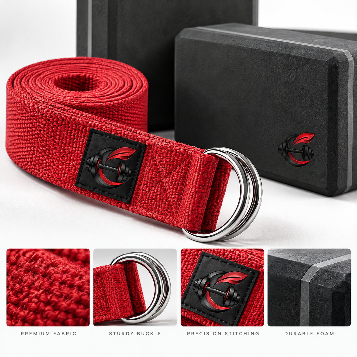 Calverisio™ Yoga Blocks & Stretch Strap Set | 2 High-Density Support Blocks with 8 ft D-Ring Yoga Strap for Stretching, Mobility & Recovery