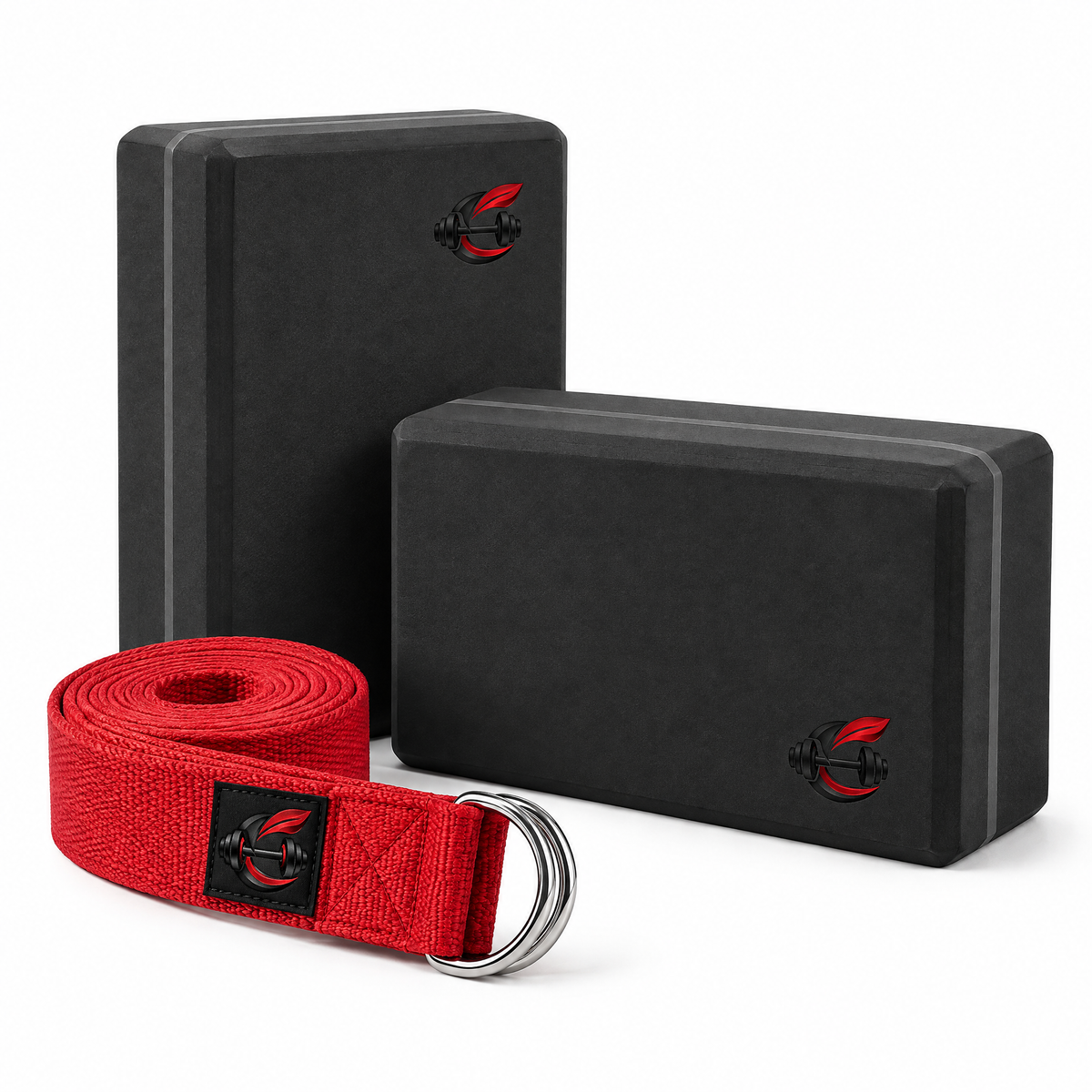 Calverisio™ Yoga Blocks & Stretch Strap Set | 2 High-Density Support Blocks with 8 ft D-Ring Yoga Strap for Stretching, Mobility & Recovery