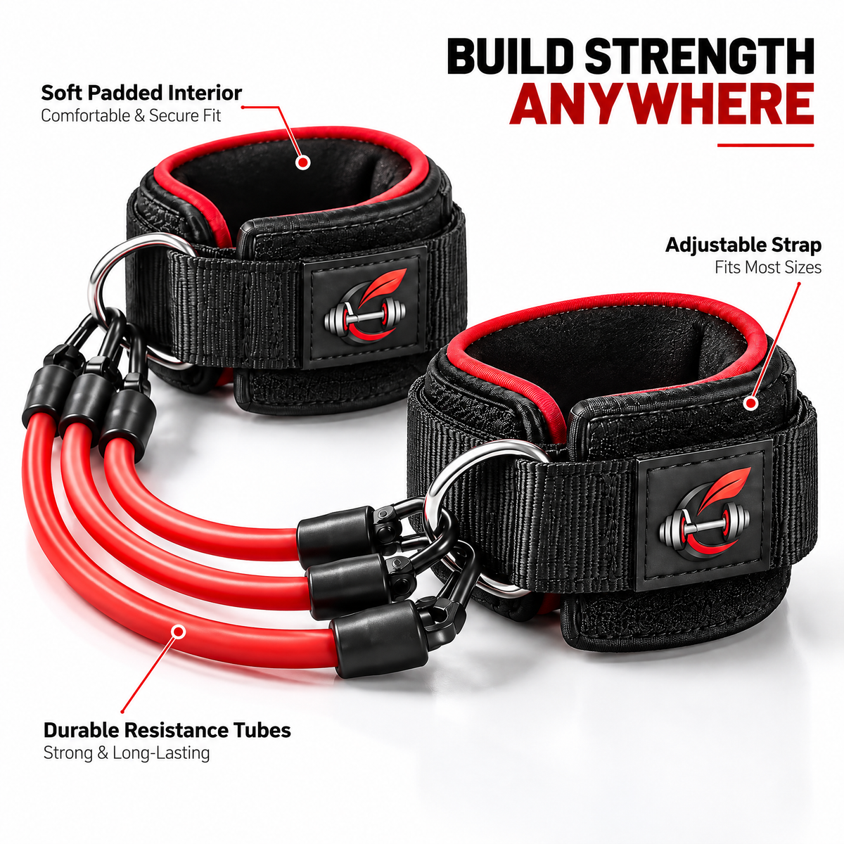 Calverisio™ Ankle Resistance Bands Set | Adjustable Padded Ankle Straps with Multi-Tube Resistance System for Glute, Leg & Lower-Body Training