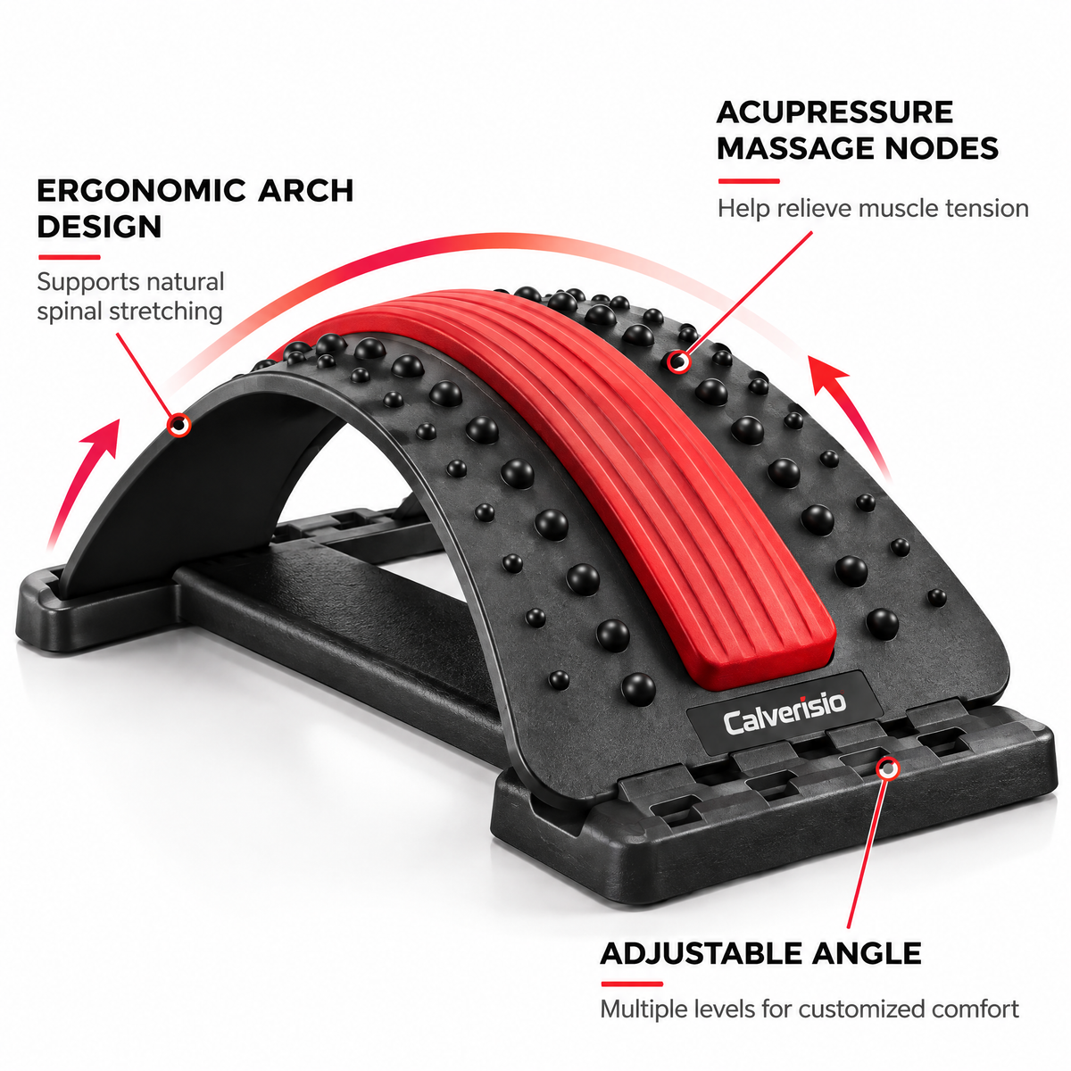 Calverisio™ Adjustable Back Stretching Support | Curved Lumbar Stretcher with Massage Nodes for Mobility, Stretching & Recovery