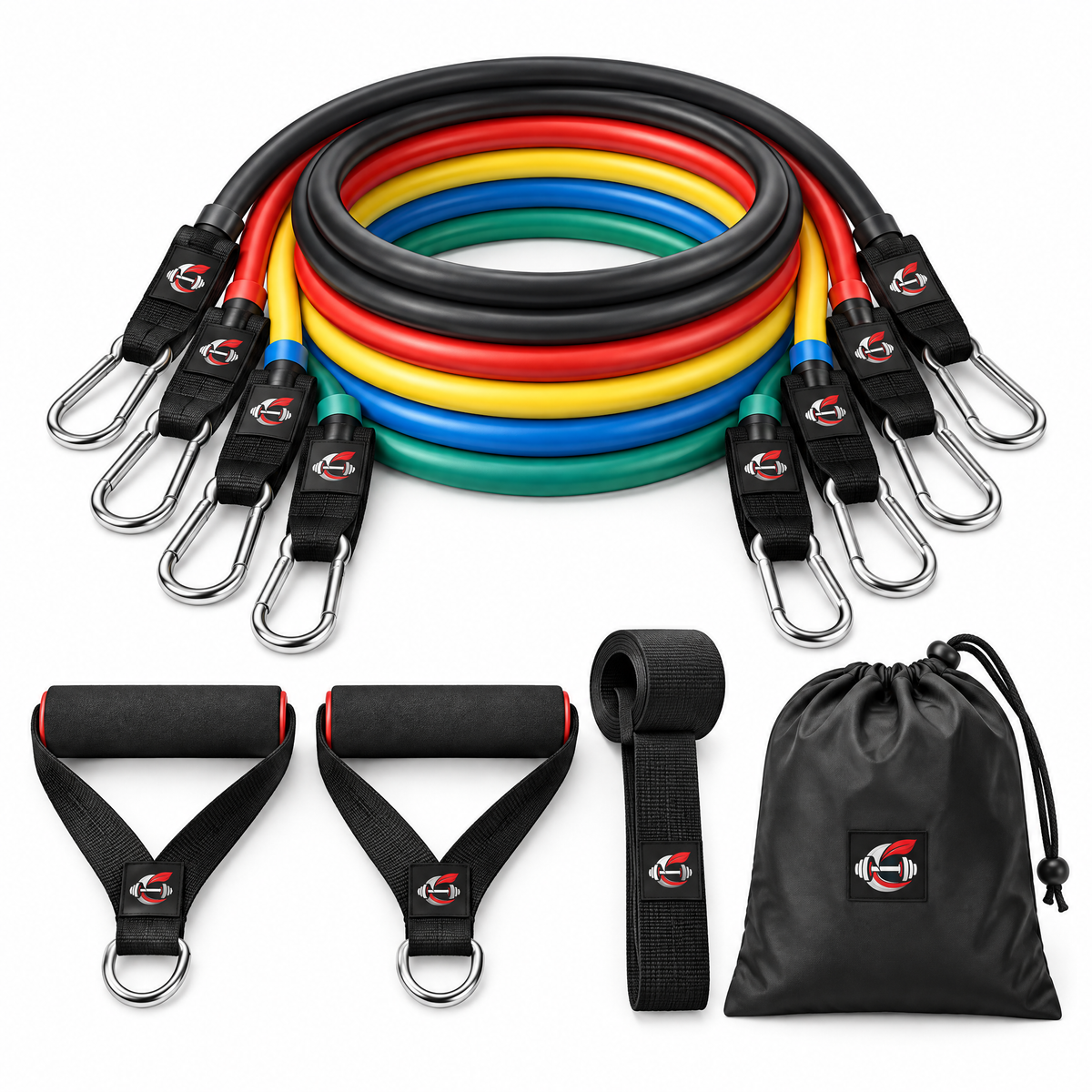 Calverisio™ Resistance Bands Set | Color-Coded Latex Exercise Tubes with Handles, Metal Carabiners, Multi-Use Strap & Carry Bag